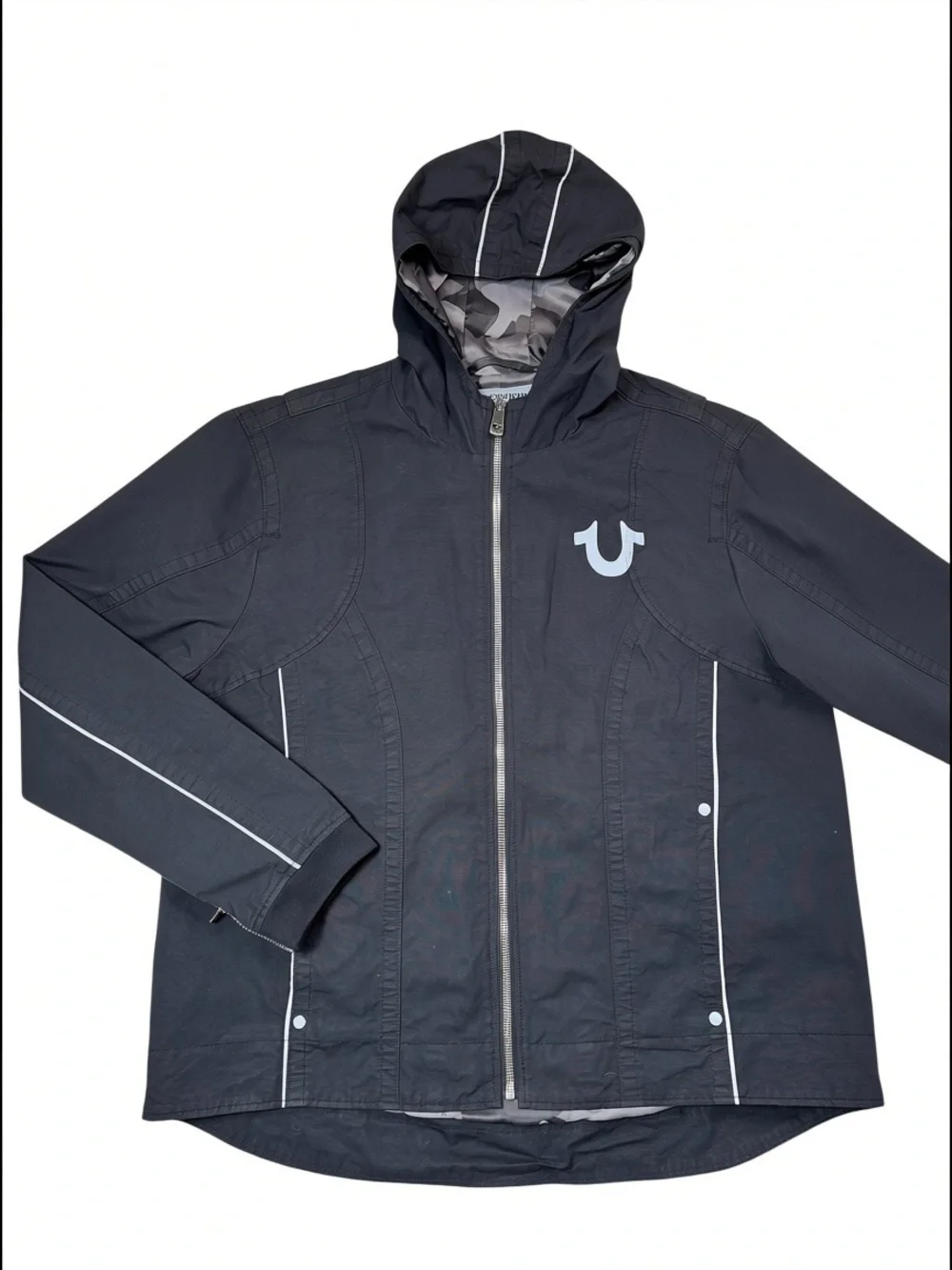 True Religion Black Hooded Reflective Moto Jacket Jet Black MC431TF1 Size 3XL